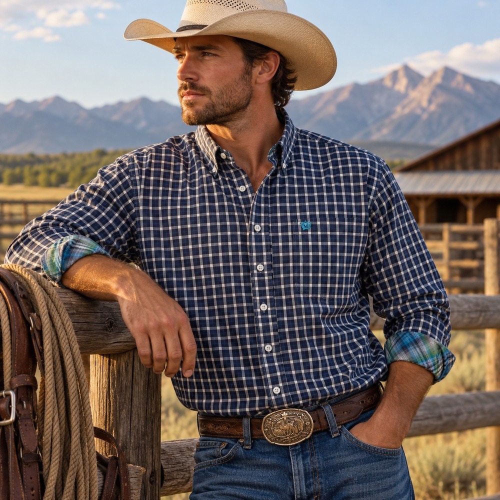 Cinch Mens Plaid Button Down Shirt Sz L Flip Cuffs Western Cowboy Ranch Rodeo